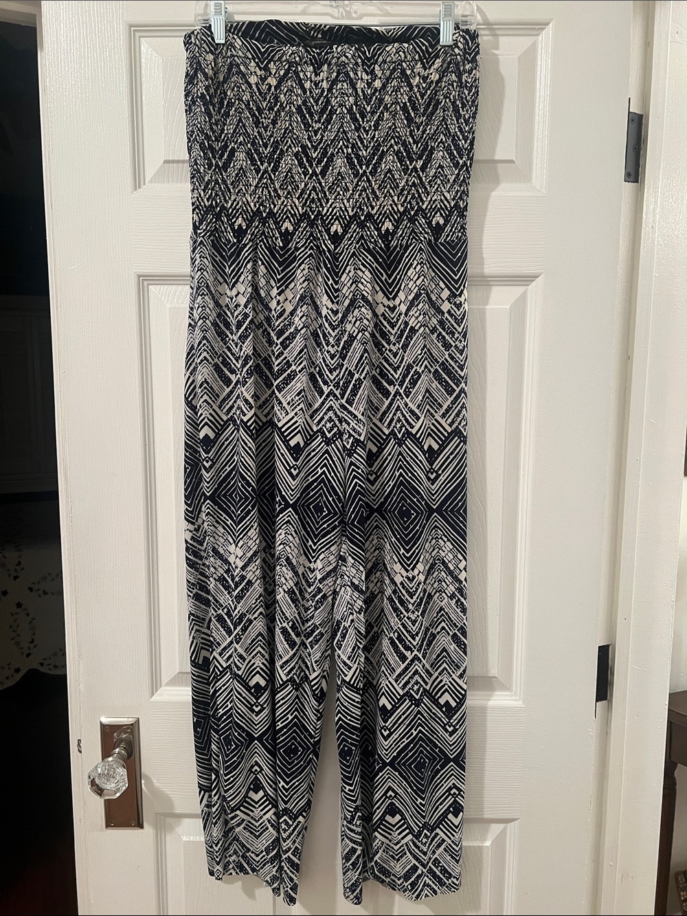Mlle Gabrielle Blue & White Strapless Geometric Jumpsuit